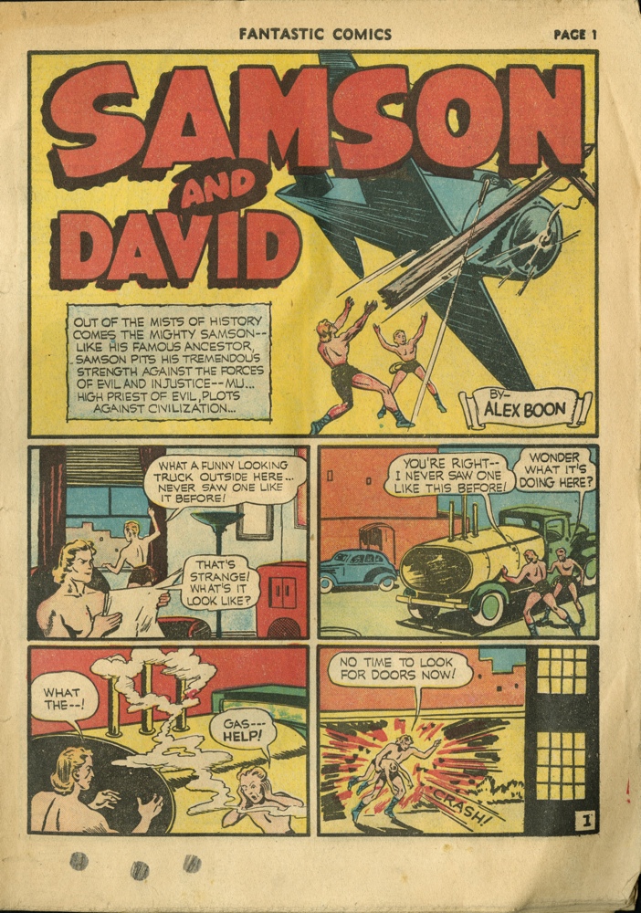 The title page from a Samson story in  #15 (February 1941). In the example below, after the title panel, a TEI  element is used to indicate a panel group ().
